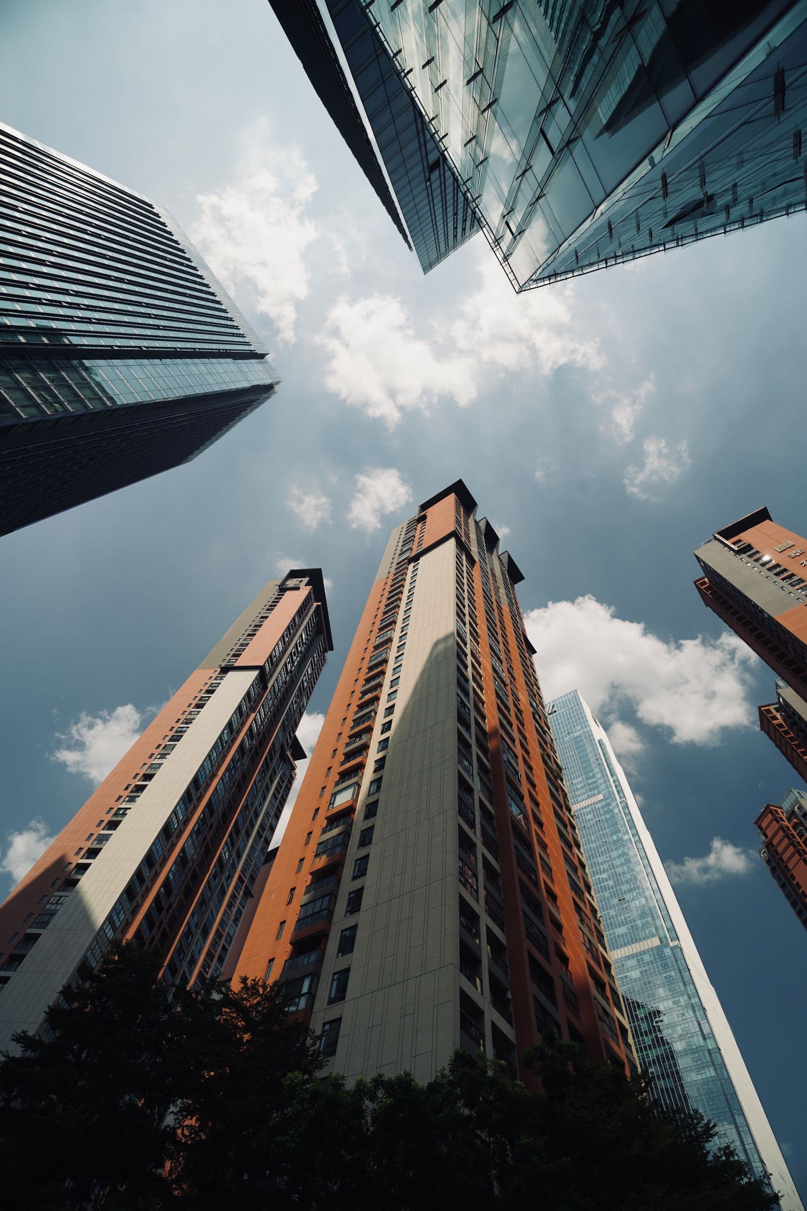 Commercial and residential towers viewed from street level