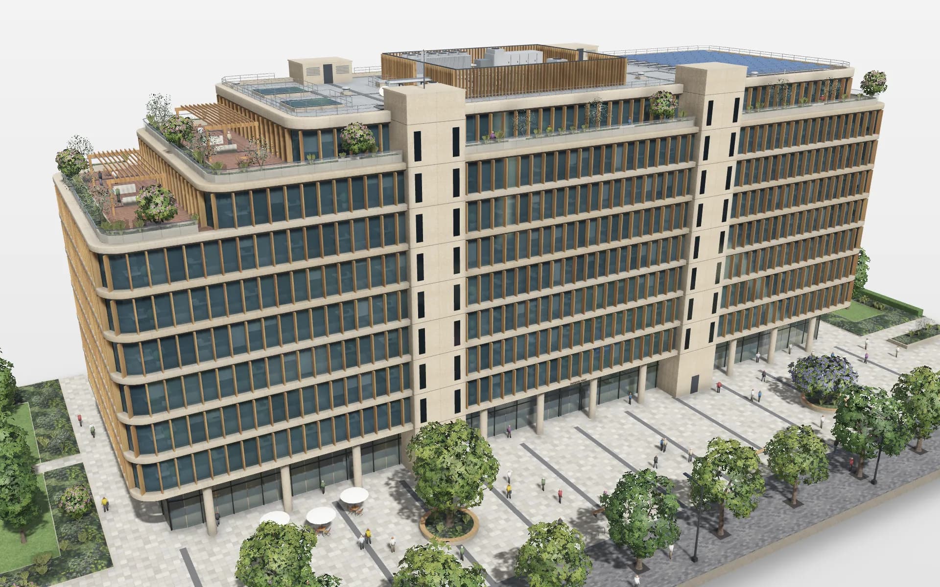 Harbour Point, a modern nine-storey office with timber fins, stair cores and planted terraces, as a 3D model